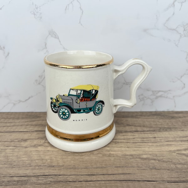 Prince William Pottery Large White & Gold Tankard Mug with an Antique Morris Car Warranted 22 Carat Gold Beer Mug Coffee Gift Idea