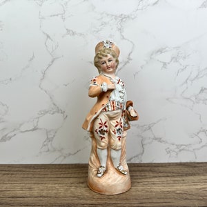 VICTORIAN BOY STATUE Antique German Bisque Porcelain Figurines Victorian Boy Holding Basket, Vintage Porcelain Figure