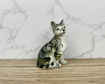 Vintage Bone China Black Striped Gray Cat Figurine, Porcelain Ceramic Sitting Cat Figurines