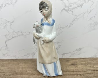 Girl With Lamb, Handmade and Handpainted Sango Porcelain Figure, Vintage Figurine, Lladro Style Rare Finds Figurine
