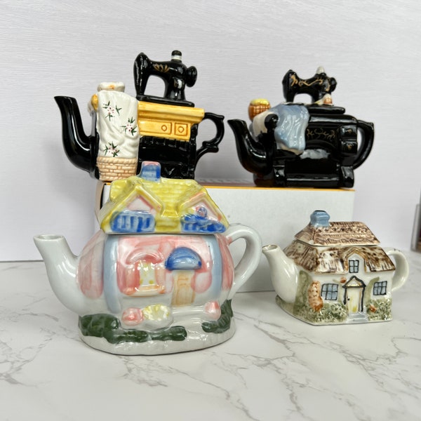 Small Porcelain Teapots, Miniature House Teapot, Sewing Machine Teapot, Vintage Kitchen Decor Collection