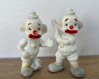 Porcelain Miniature Clown Figurines, Clowns Playing Football and Baseball, Sportive Clown Figurine, Clown Collection