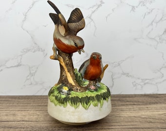 Musical Birds on Branch Ceramic Figurine, Bird Music Box, Vintage Italian Porcelain, Animal Musical Figure, Red and Brown Bird Decor