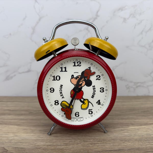 Despertador Vintage Disney Avronel Mickey Mouse, Despertador Mickey Mouse Walt Disney Twin Bell Vermelho Amarelo, Fabricado na Alemanha Relógio de Mesa