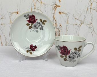 Vintage Bone China Tea Cup and Saucer, Red Rose Floral Pattern