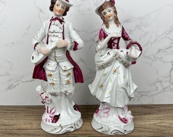Vintage Victorian Porcelain Gentleman and Lady Figurines, Hand Painted Couple Figure, Staffordshire Collectable Gift Interior Decoration