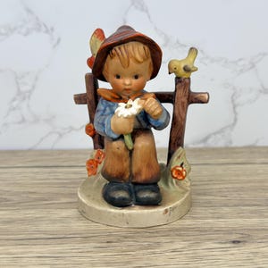 Vintage Goebel Hummel Figurine; She Loves Me She Loves Me Not, West Germany Porcelain Hand Made Figurines, Boy with Daisy and Bird Figure