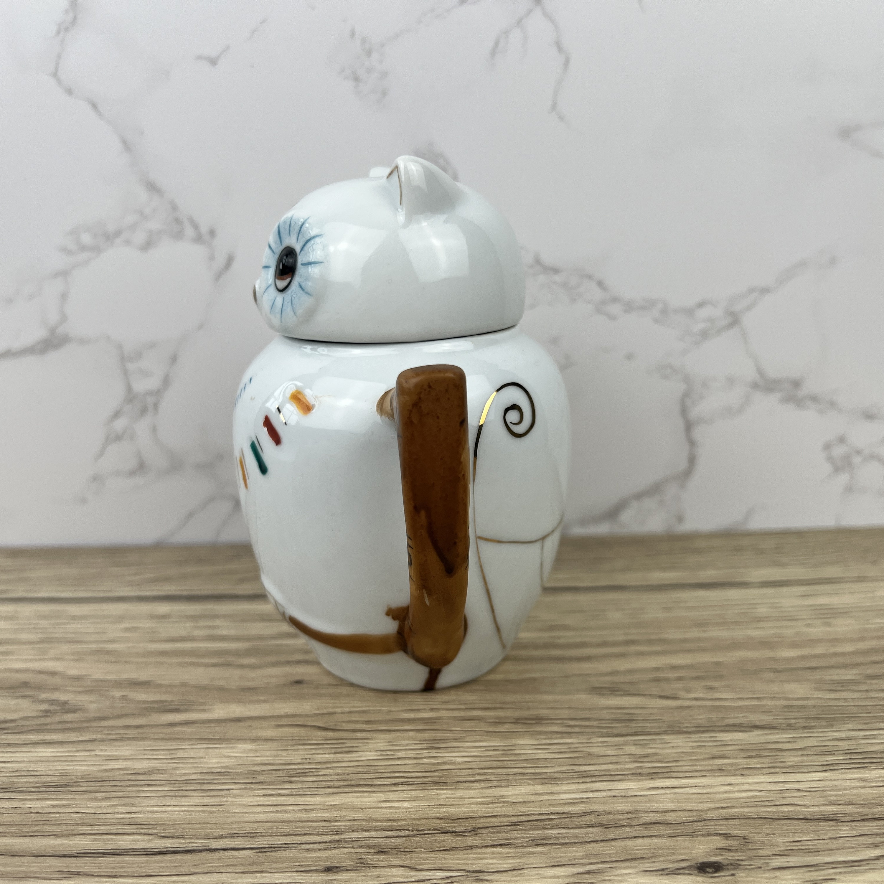 ヴィンテージ中国手描きフクロウティーポット、蓋付きコレクターズ磁器 