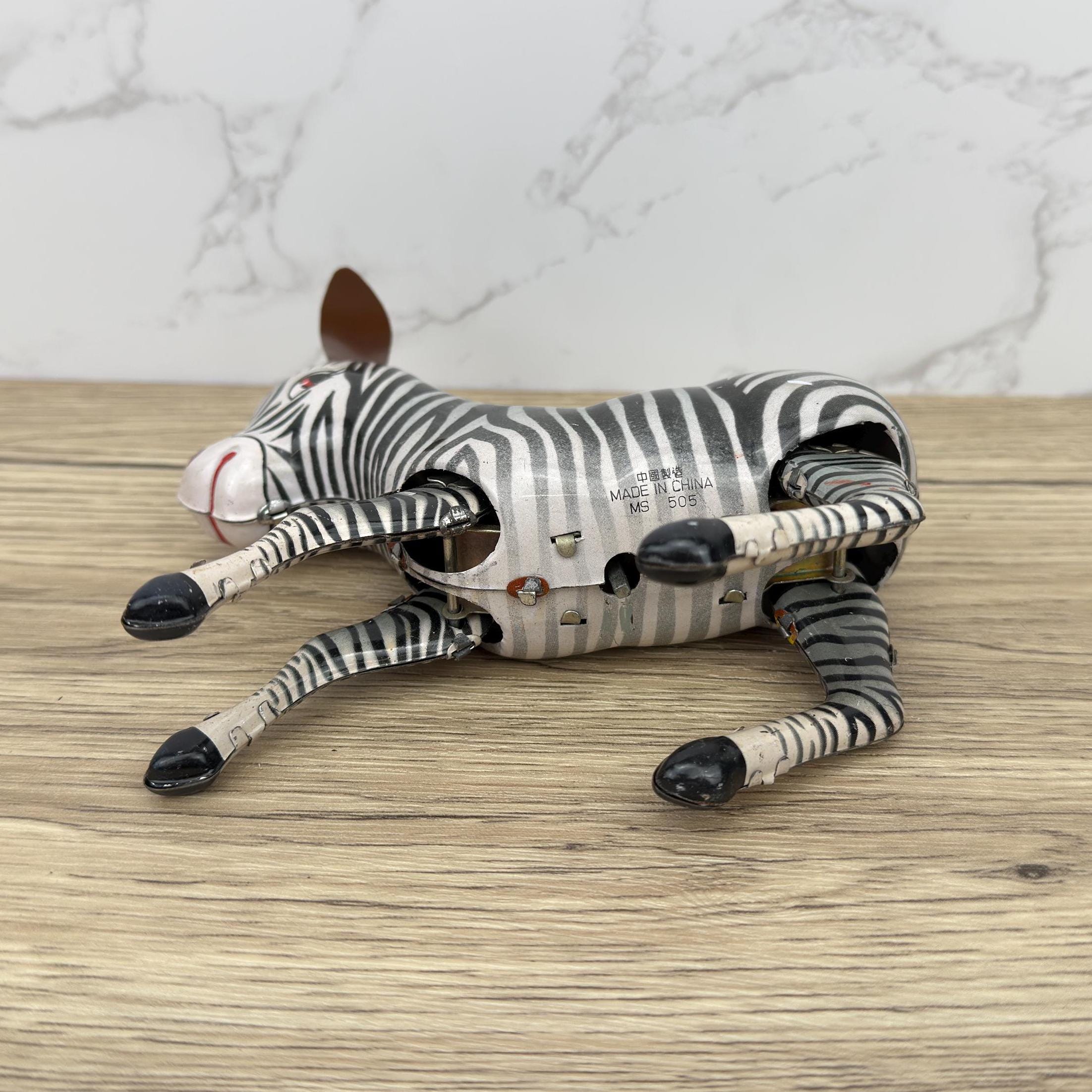 Vintage Wind-up Tin Toy Bucking Zebra, Litho Clockwork 1970s, With