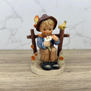Vintage Goebel Hummel Figurine; She Loves Me She Loves Me Not, West Germany Porcelain Hand Made Figurines, Boy with Daisy and Bird Figure