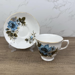 Vintage Queen Anne Teacup Tea Cup and Saucer Blue Flowers English Bone China, Ridgway Potteries Ltd, Floral Tea Coffee Cups and Saucer