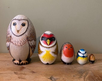 Bespoke, nesting doll, hand painted, bird art, bird ornament, Russian doll, made to order, unique gift, owl, robin, blue tit, custom made.