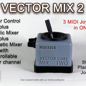 May include: A gray Vector Mix 2 MIDI joystick with a black joystick and the text "MIDI ROCK". The device features Vector Control, Triadic Mixer, and Quadratic Mixer functions. The text "3 MIDI Joysticks in ONE" is also visible.