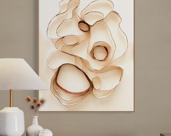 Arte de parede em tecido 3D feita à mão - Peça de destaque para design de interiores - Cores neutras: creme e marrom