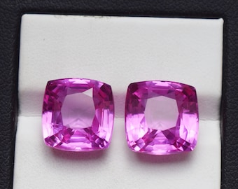 Paire de saphirs roses, 20,40 carats, taille coussin, corindon cultivé en laboratoire, 11 x 11 mm