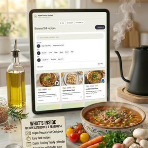 May include: A digital tablet displaying a recipe app titled Agape Fasting Recipes, featuring a search bar, meal categories, and recipe cards. Beside it sits a bowl of steaming soup, fresh vegetables, a bottle of oil, and a card listing digital features.