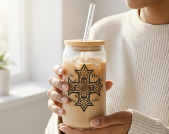 Coptic Cross Iced Coffee Cup Cross Coptic Orthodox Can Glass Coptic Cross Glass Tumbler Gift For Mom Coptic Gift Mother Gift Travel Glass