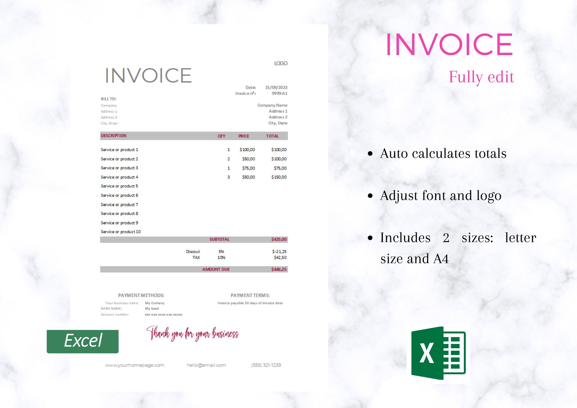 Invoice Template in Excel Simple Invoice Template in Excel Etsy