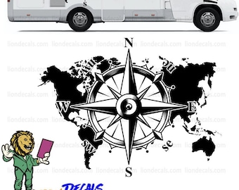 Compass Wolrd Map Caravan Decal. Compass Caravan Sticker. Compass Wolrd Map Off Road Decal.