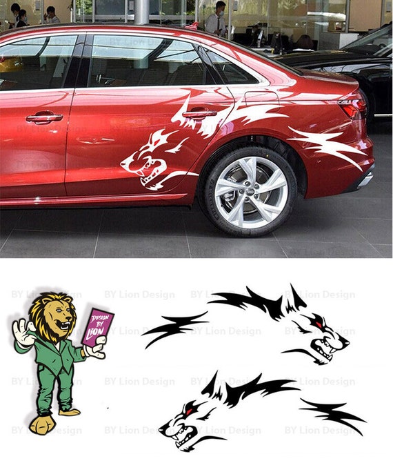 Pair Of Black Metal Wolf Head Emblem Badges - Fender Decals, 2.76" X 3.31", Matte Finish