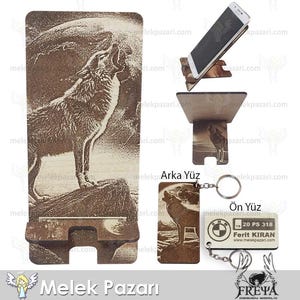 Wolf Engraved Wooden Phone Stand with Personalized Keychain – Laser Etched Rustic Gift