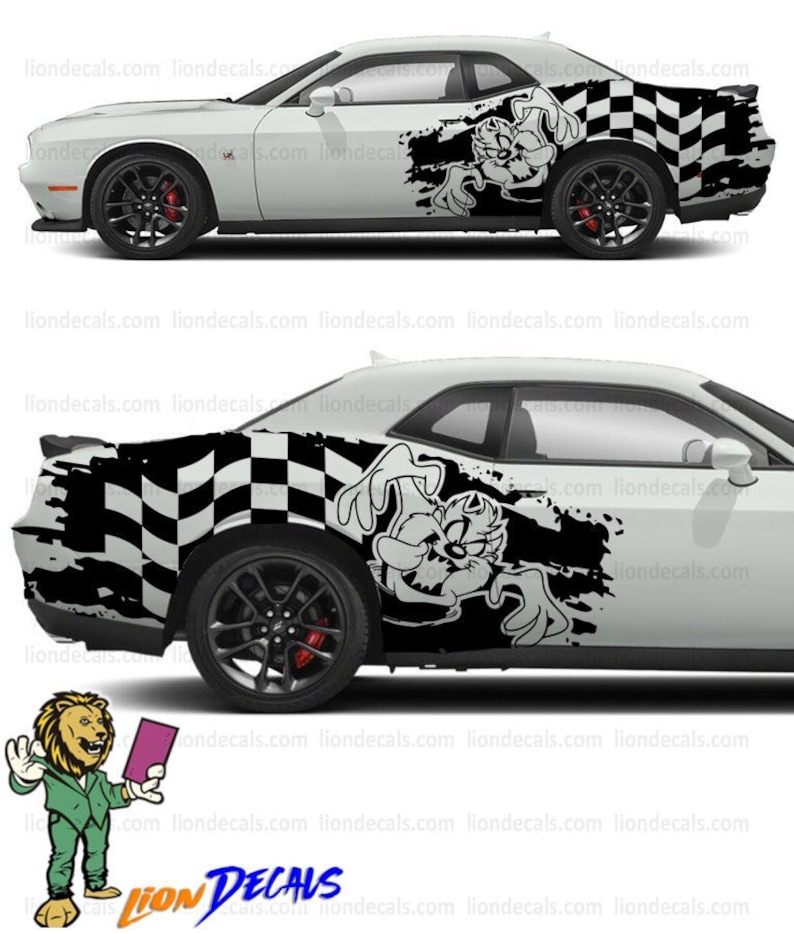 May include: A white Dodge Challenger with a black and white checkered flag and a cartoon Tasmanian Devil graphic on the side. The graphic is in a black and white grunge style.