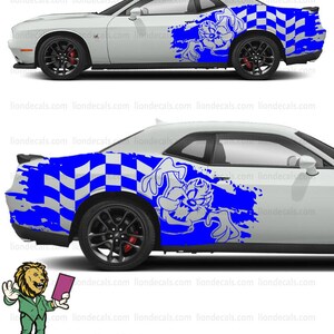 May include: A blue and white checkered racing flag decal with a cartoon Tasmanian Devil graphic. The decal is applied to the side of a white Dodge Challenger car.