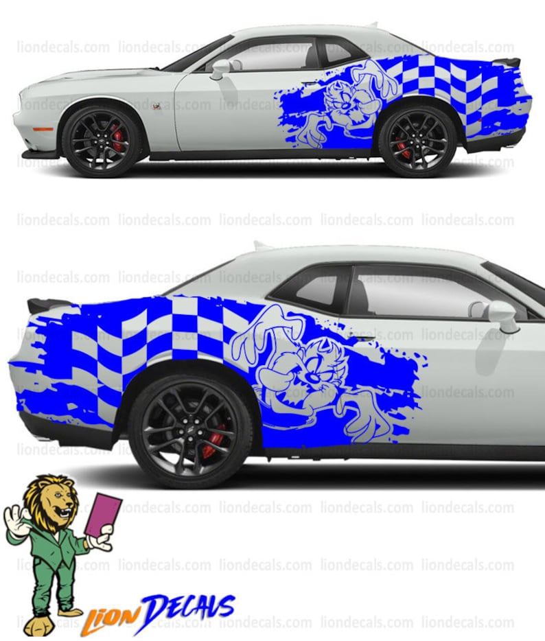 May include: A blue and white checkered racing flag decal with a cartoon Tasmanian Devil graphic. The decal is applied to the side of a white Dodge Challenger car.
