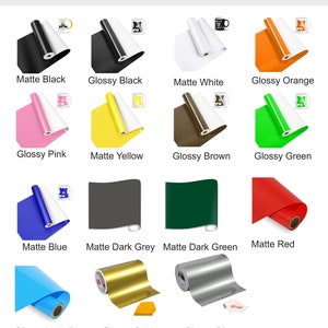 May include: Color selection chart for vinyl adhesive rolls. The chart shows 14 different colors, including matte black, glossy black, matte white, glossy orange, glossy pink, matte yellow, glossy brown, glossy green, matte blue, matte red, matte dark grey, matte dark green, glossy light blue, glossy gold, and glossy silver.