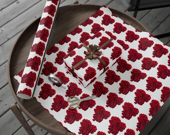 Red Rose Heart Wrapping Paper, Romantic Floral Gift Wrap