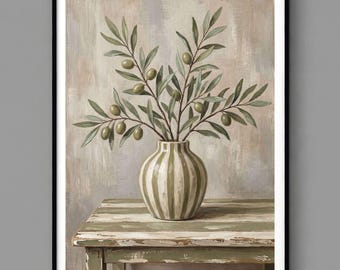 オリーブの枝のプリント、オリーブの木の静物画、素朴な農家風キッチンの壁装飾（デジタルダウンロード）