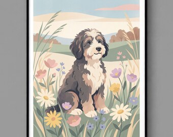 バーニードゥードル コテージコア ウォールアート、花柄の犬プリント、パステルカラーの子犬の落書きポスター、かわいい犬のイラスト、ペット愛好家へのギフト（デジタルダウンロード）