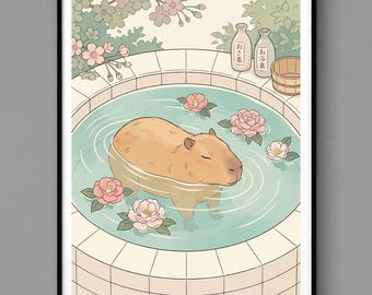 カピバラのアートプリント、日本のお風呂の壁アート、浮世絵風の装飾、動物ポスター（デジタルダウンロード）