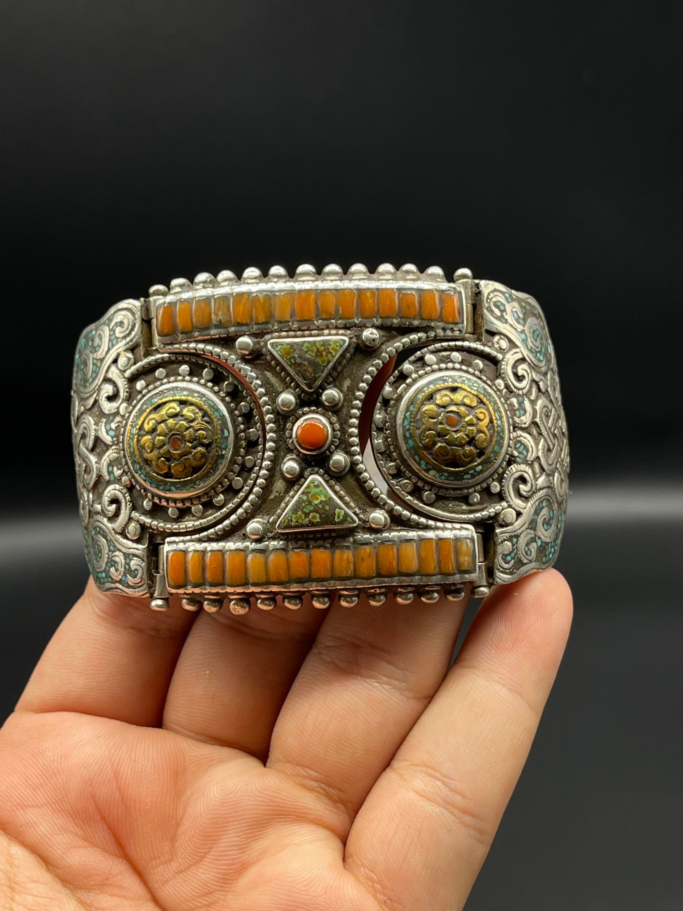 Old Tibetan Handmade Silver Bracelet, With Multiple Natural Coral Stone,  Turquoise & Silver/brass Turquoise Engraved Inside Bracelets - Etsy