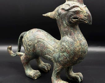 古いモンゴルの青銅の宮殿の鳥の貔貅獣の幸運の彫刻、最高品質の青銅