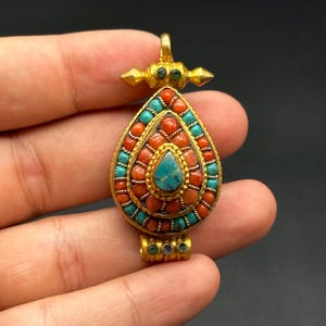 Gorgeous Old Tibetan Copper Gold Gilt Plated Turquoise Gems Temple Box Statue Pendant Amulet, Double Dorje Ghau Pendant
