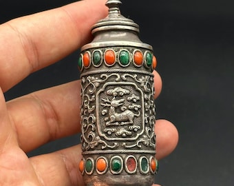 チベットの銀象嵌宝石嗅ぎタバコ瓶、ユニークなデザイン、中国の