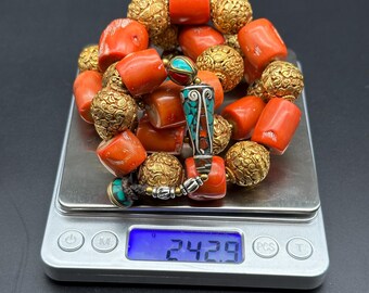 素晴らしい天然珊瑚ビーズネックレス、手作り銅ビーズ、龍の彫刻