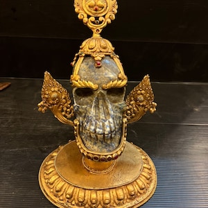 Unique Old Tibetan Buddhist Ceremony Skull Citipati Adorned With Breathing Fire Dorje Skull In Lapis Lazuli, And Bronze Gold Gilted
