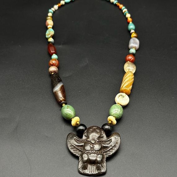 Collier Pendentif Bohème En Bronze Avec Perles Multicolores | Fermoir Mousqueton - Comme Neuf