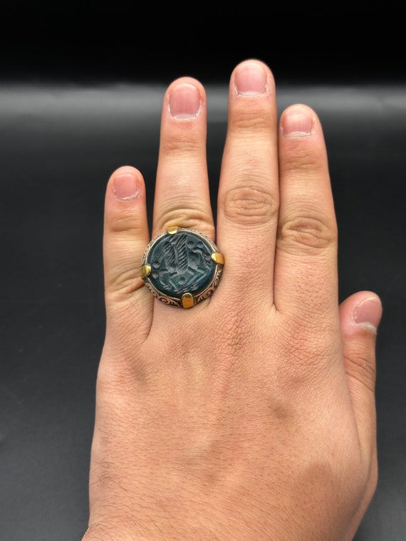 Unique Solid Silver Ring With Green Agate Carved … - image 6