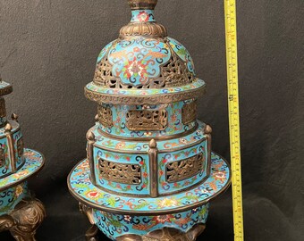 19世紀アンティークの中国皇帝用香炉（ペア）七宝焼き、ブロンズと底に