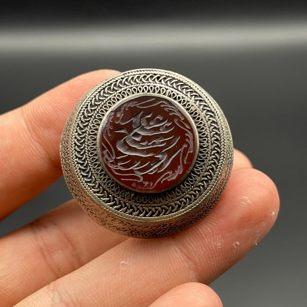 Old Tradition Afghan Large Silver Plated Ring With Carved Islamic Write On Agate Stone