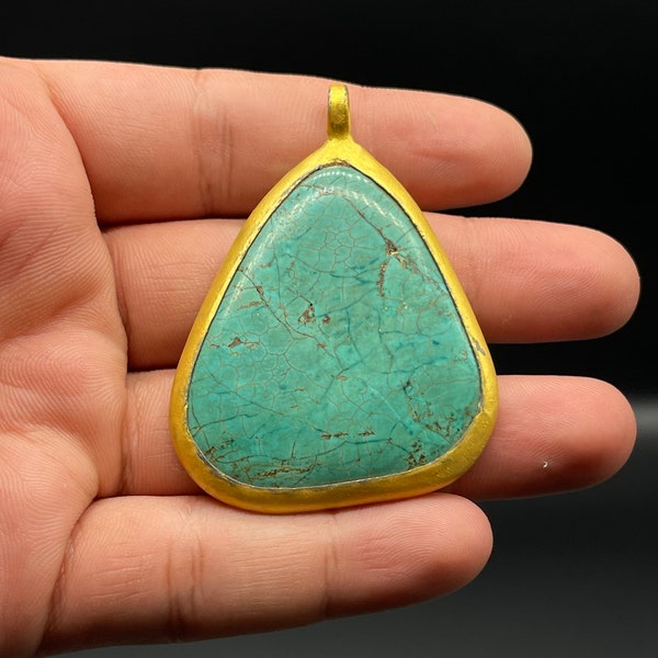 Beautiful Triangle Shape Turquoise Pendant Stone Intaglio Gold Plated