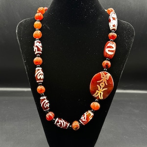 Old Amazing Tibetan Carnelian Pumpkin Beads Necklace With Tibetan Chong Dzi Bead Beads