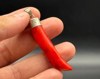Vintage 925 Sterling Silver Red Coral Pendant, Unisex Boho Charm