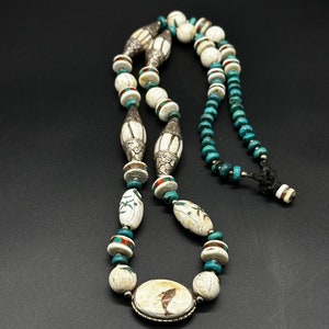 Old Tibetan Shell Beads Inlaid Turquoise Beads  Tibetan Silver Beads Necklace