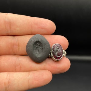 Old Hamdmade Afghan Silver With Carved Unknown Figure On Old Natural Garnet Ring, Tribal Jewellery