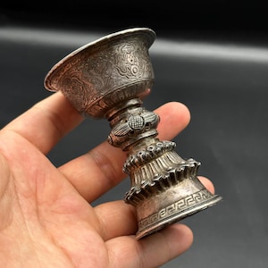 Gorgeous Tibetan Handmade Silver Rare Old Tibetan Buddhist 4 Auspicious Symbols Cup, Old Tibetan Butter Lamp