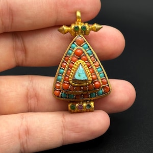 Old Tibetan Copper Gold Gilt Plated Turquoise Gems Triangular Temple Box Statue Pendant Amulet, Double Dorje Ghau Pendant